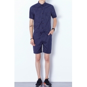 Mens Summer Stylish Vertical Striped Printed Short Sleeve Drawstring Waist Hair Stylist Suits Rompers