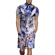 Cool 3D Floral Cat Printed Short Sleeve Shirt Collar Button-Down Fitted Work Rompers