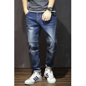 Summer Fashion Solid Color Bleach Washed Rolled Cuff Men's Stretch Fit Jeans