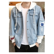 Guys Fashion Hooded Distressed Ripped Button Down Work Jacket Denim Jacket