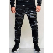 Mens Fashion Camouflage Printed Multi-Zip Embellished Sport Cargo Pants