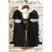 Unique Cool Letter Code Embroidery Fashion Colorblock Work Jacket Denim Jacket for Guys