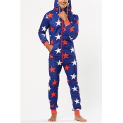 Men's Stylish Allover Star Printed Drawstring Hooded Long Sleeve Zip Up Blue Lounge Jumpsuits