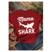 Unisex Fashion Letter Shark Printed Short Sleeve Loose Fit Red T-Shirt