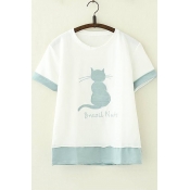 Cute Cat Letter BRAZIL NUTS Embroidered Colorblock Short Sleeve Relaxed T-Shirt