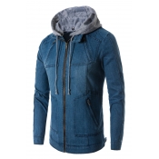New Trendy Men's Patched Drawstring Hooded Plain Long Sleeve Slim Zip Up Blue Denim Jacket