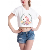 New Fashion Floral Unicorn Printed Round Neck Short Sleeve Cropped White T-Shirt