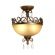 Vintage Bronze Ceiling Fixture with Dome and Clear Crystal Decoration 3 Lights Metal Semi-Flush Light
