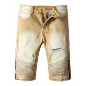 Men's Vintage Distressed Ripped Zip Side Pleated Detail Fitted Khaki Denim Shorts
