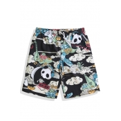 Mens Fashion Cartoon Cloud Panda Printed Drawstring Waist Summer Beach Shorts Black Swim Trunks