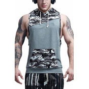 Summer Men's Sport Casual Fashion Camouflage Patched Sleeveless Breathable Drawstring Hooded T-Shirt