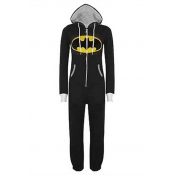 New Stylish Comic Cartoon Mouth Printed Long Sleeve Drawstring Hooded Zip Front Black Jumpsuits
