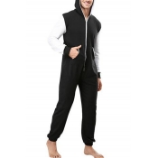 Men's New Stylish Colorblock Long Sleeve Hooded Zip Up Sport Casual Homewear Jumpsuits