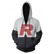 New Fashion Letter R Color Block Comic Cosplay Zip Front Drawstring Hoodie