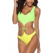 Sexy Yellow Sleeveless Tied Front Hollow Out One Piece Swimwear
