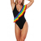 Trendy Unique Rainbow Ruffled Hem Sexy Plunged Neck High Leg Womens Black One Piece Swimsuit Swimwear