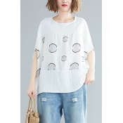 Womens Plus Size Summer Fashion Polka Dot Printed Oversized Linen T-Shirt