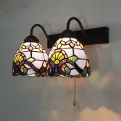 Bedroom Balcony Dome Wall Light with Pull Chain 2 Lights Baroque Stained Glass Sconce Light