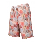 Guys Summer Pink Tropical Leaf Print Drawcord Waist Loose Casual Sport Swim Shorts with Liner