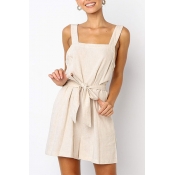 Women's Summer Beige Solid Color Sleeveless Bow-Tied Waist Casual Culotte Romper