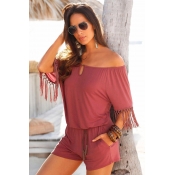 Women's Summer Trendy Solid Color Off the Shoulder Tassel Sleeve Beach Casual Romper Playsuit