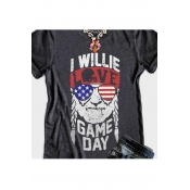GAME DAY Letter Characters Pattern Round Neck Short Sleeves Gray Graphic Tee