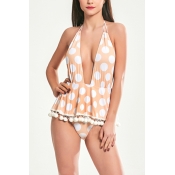New Stylish Polka Dot Printed Halter Plunged Neck Lovely Pompom Hem Orange One Piece Swimsuit Swimwear