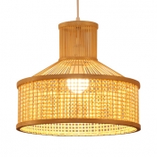 Antique Style LED Pendant Lighting Drum Shape Single Light Rattan Ceiling Lamp for Dinning Room