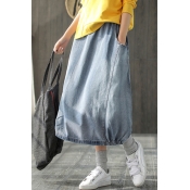 New Fashion Elastic Waist Solid Color Loose Casual Long Balloon Bubble Denim Skirt