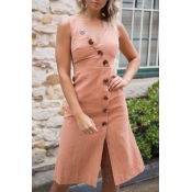 Women's Summer New Trendy Solid Color V-Neck Sleeveless Button Detail Midi slit Tank Dress