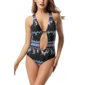 Summer Holiday Boho Style Fashion Printed Sexy Cutout Womens Black One Piece Swimsuit