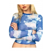 Fashion Blue Sky Cloud Printed Womens Round Neck Long Sleeve Slim Fit Cropped Mesh T-Shirt