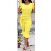 Womens Hot Fashion Solid Color Round Neck Sleeveless Ruffled Hem Tied Waist Slim Fit Jumpsuit