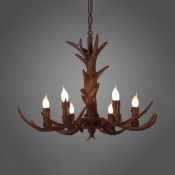 Candle Shape Dining Room Chandelier with Deer Decoration Resin 6/9 Lights Vintage Style Pendant Light