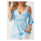 Women's Cold Shoulder Tie Dyed Print Sexy V Neck Blue T-Shirt