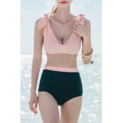 Girls Lovely Pink Bow-Tied Straps High Waisted Bottom Two-Piece Bikini Set
