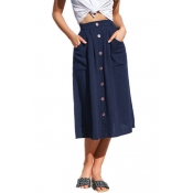 Womens Fashion Solid Color Large Pocket Side Button Down Midi A-Line Linen Skirt