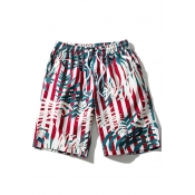Mens Trendy Stripe Tropical Leaf Print Drawstring Waist Casual Red Beach Swim Trunks