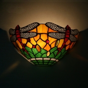 Dragonfly Pattern Conical Wall Light Tiffany Style Rustic Glass Shade Sconce Lamp for Bedroom Hallway