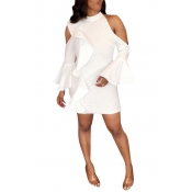Women's Sexy Cold Shoulder Collared Plain Print Ruffle Long Sleeve White Mini Bodycon Dress
