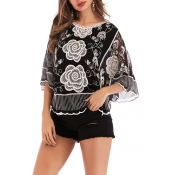 Women's Floral Print 3/4 Length Sleeve Round Neck Embroidered Black T-Shirt