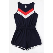 Fashion Colorblock Striped Round Neck Sleeveless Womens Royal Blue Casual Romper