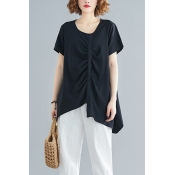 Women's Plus Size Basic Solid Color Drawstring Ruched Short Sleeve Linen T-Shirt
