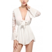 Women's Sexy Bow-Tied V Neck Lace Panel Flared Long Sleeve Simple Plain Romper