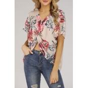 New Fashion V-Neck Short Sleeve Floral Printed Twisted Front Summer Chiffon Tee Top