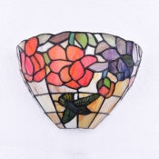 Flower and Bird Pattern Wall Lamp Glass Single Light Tiffany Style Antique Sconce Light with Multi Color