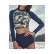 Fashion Tropical Printed Long Sleeve Surf Rashguard Blue Sunscreen Beach Two-Piece Swimwear