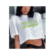 Cool Street Letter CUTE AND PSYCHO Printed Round Neck Cropped White T-Shirt