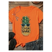 Pura Vida Live Free Letter Pineapple Printed Round Neck Short Sleeve Orange Tee