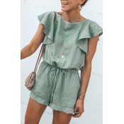 Women's Summer Fashion Green Solid Color Round Neck Ruffled Sleeve Drawstring Waist Relaxed Romper Playsuit